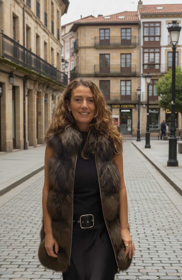 Outfit Carmen en Torrelavega viste chaleco piel de pelo marrón y negro