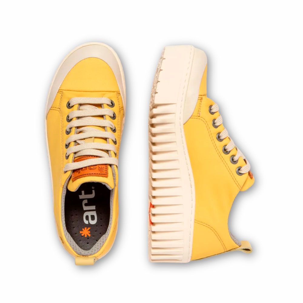 Frente y costado zapatillas plataforma Brighton nylon amarillo de Art. Zapatillas Brighton con plataforma en nylon amarillo y suela de goma rayada blanca de la nueva colección de Art.