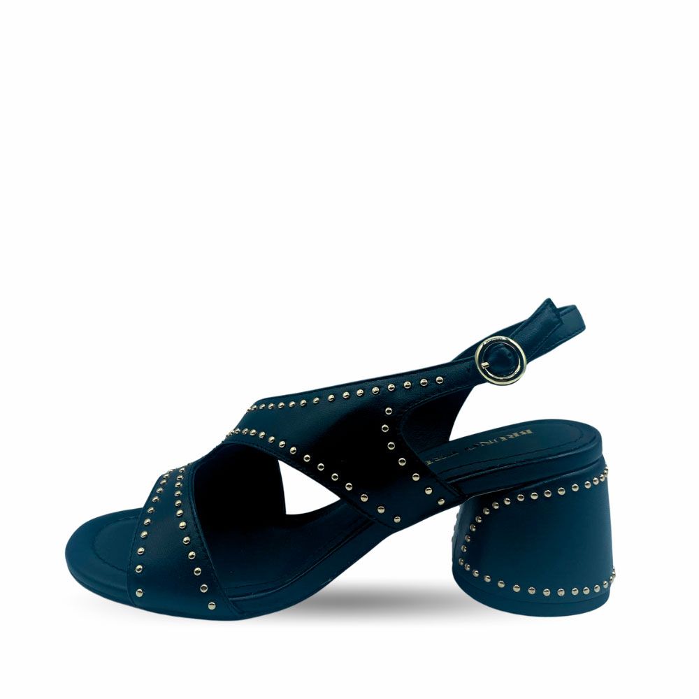 Sandalias negras doble tira con remaches dorados y tacón bloque de Bruno Premi.