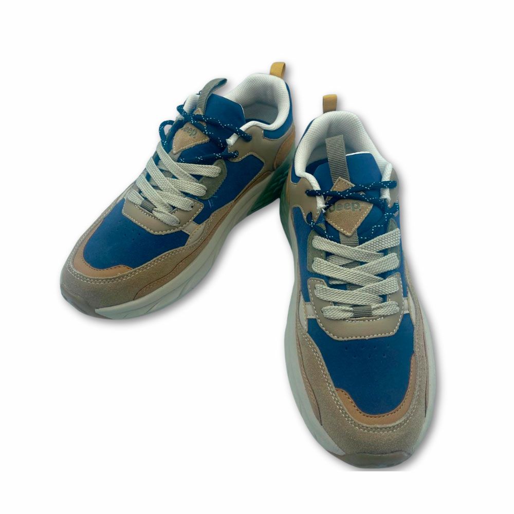Zapatillas deportivas para hombre en piel color azul y camel de Jeep.