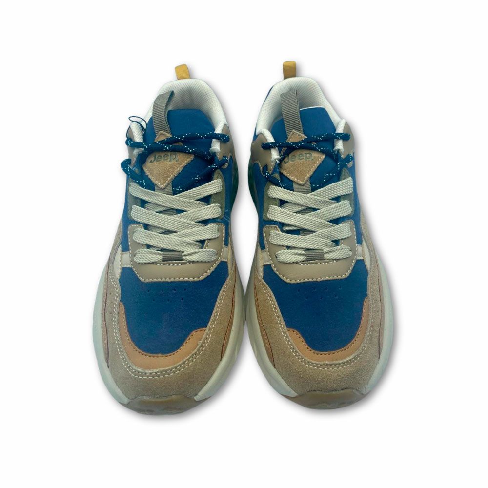 Zapatillas deportivas para hombre en piel color azul y camel de Jeep.