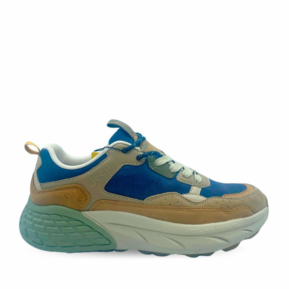 Zapatillas deportivas para hombre en piel color azul y camel de Jeep.