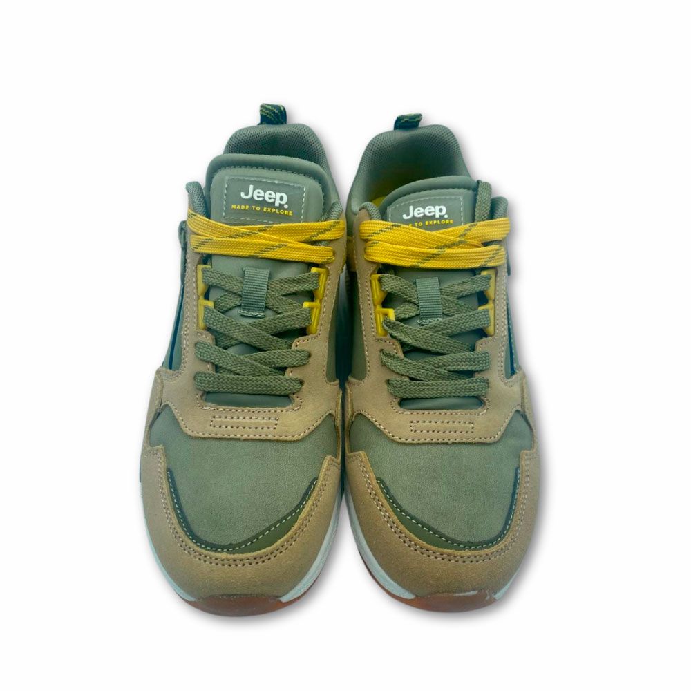 Zapatillas deportivas para hombre en nylon color verde con refuerzos de ecopiel color cuero y mostaza de Jeep.