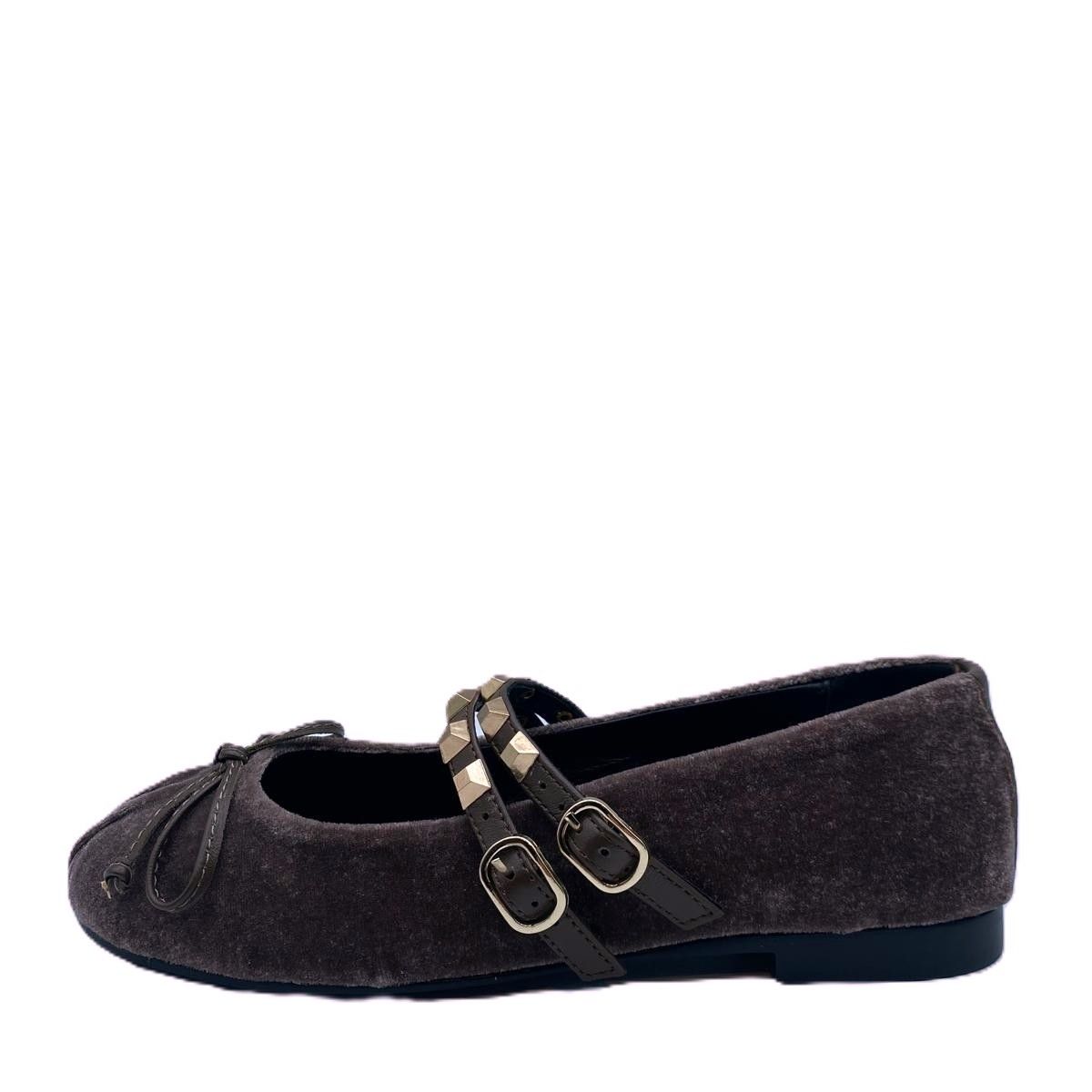 Zapato plano en terciopelo con doble hebilla - Marrón 052