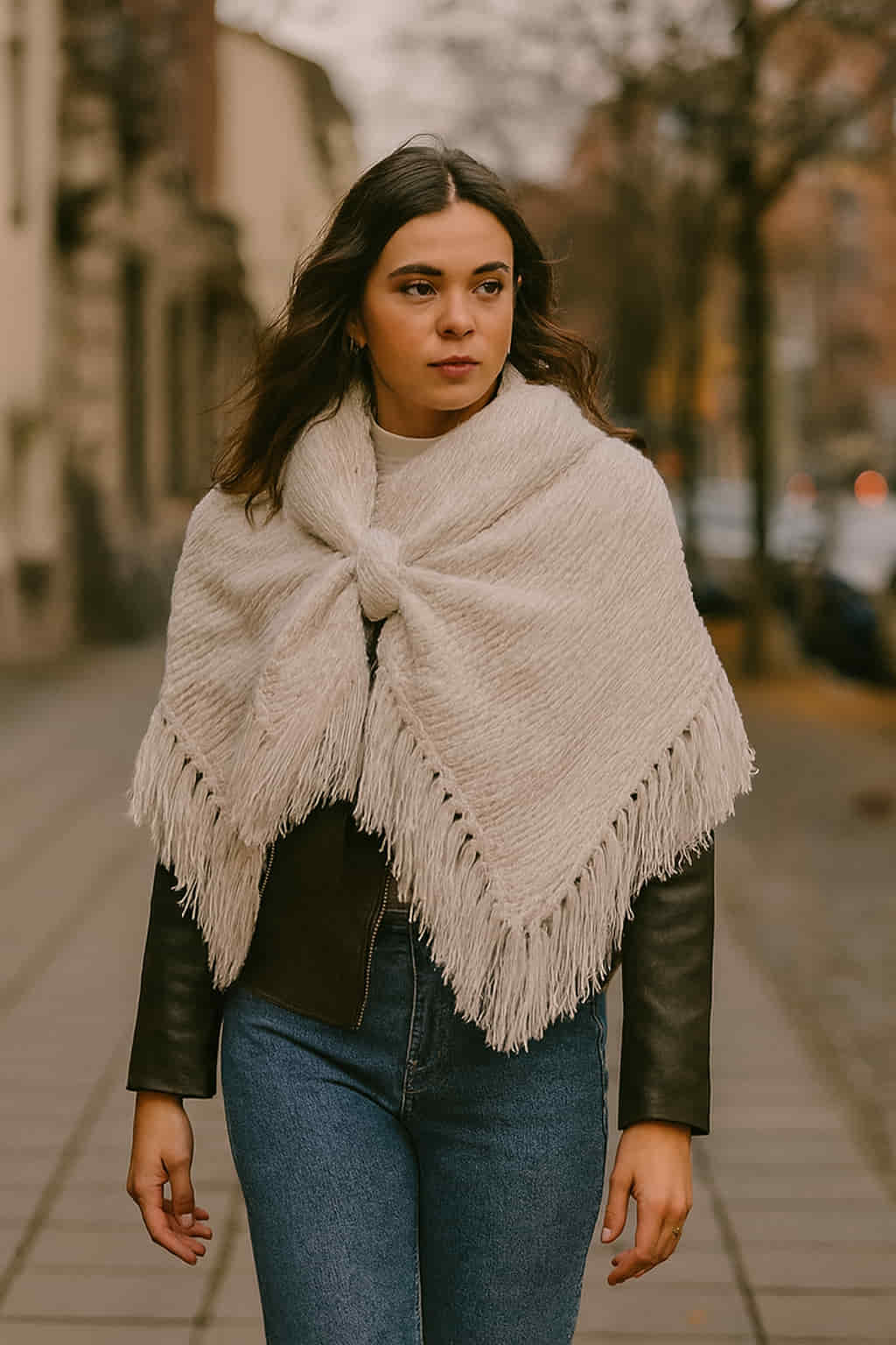 Outfit de chica con chal de alpaca y seda blanco Outfit de chica con chal de alpaca y seda blanco