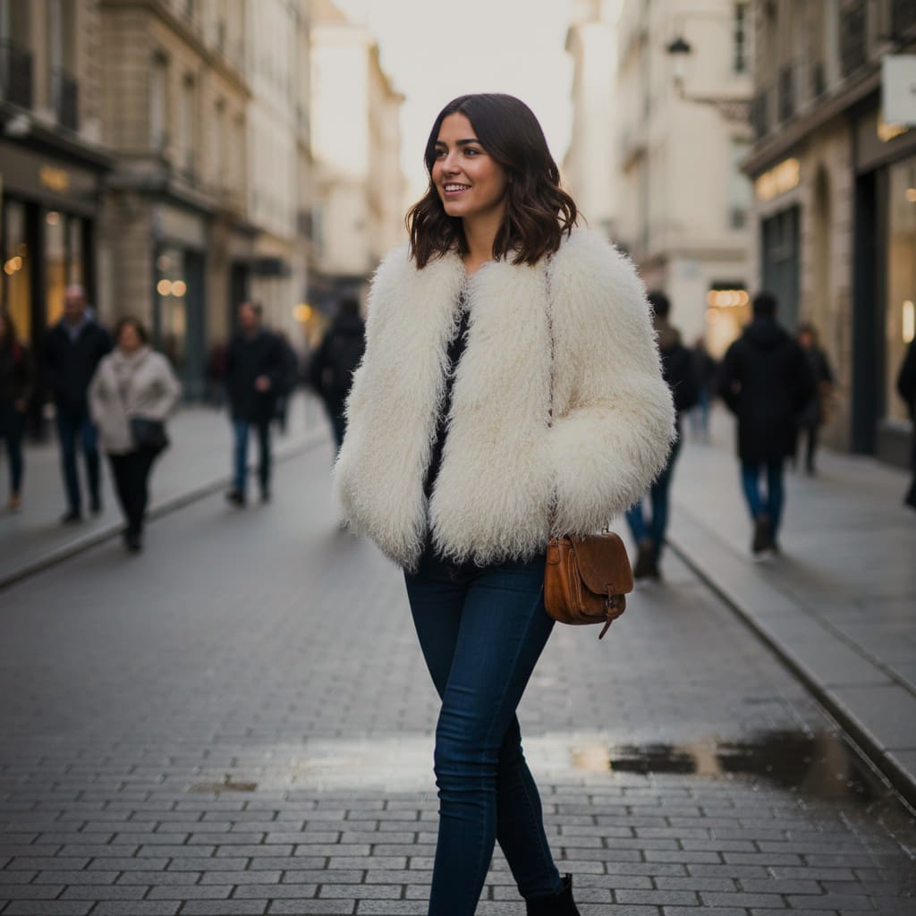 Outfit chica llvando chaqueta Yak animal del Tibet - Carmen Shoes