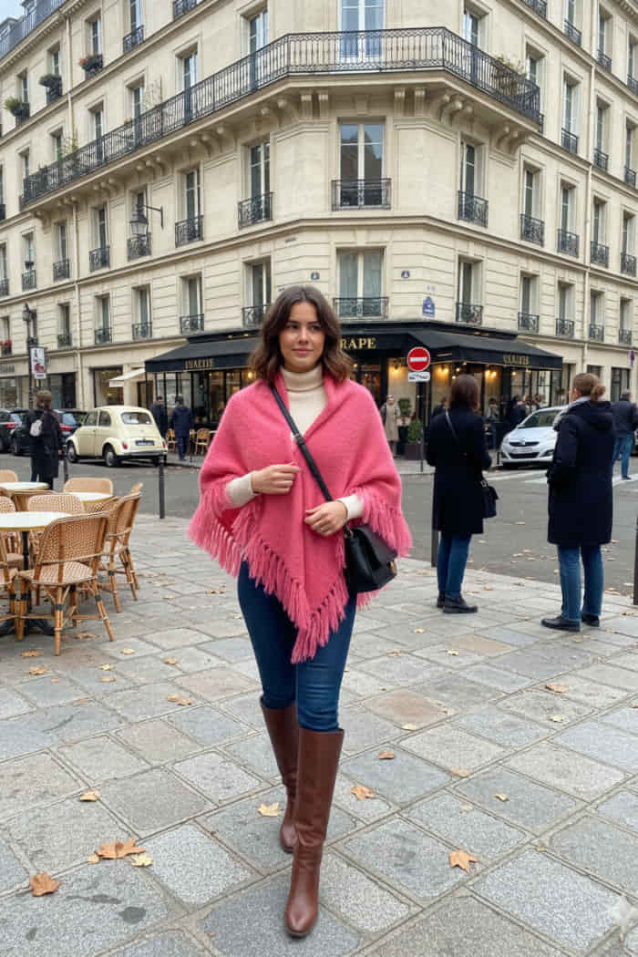 Outfit de chal rosa Carmesi en la belle Paris