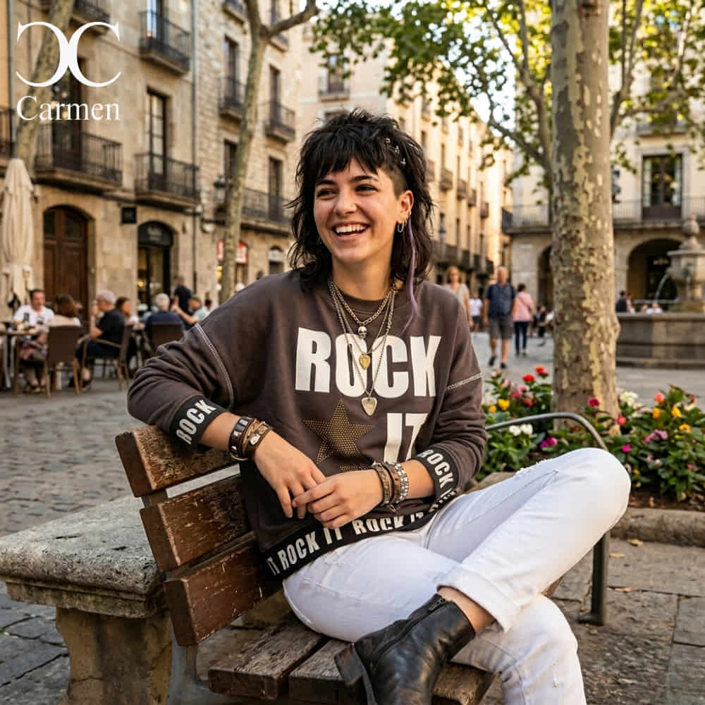 Outfit chica llevando esta sudadera ROCK IT de estilo urbano