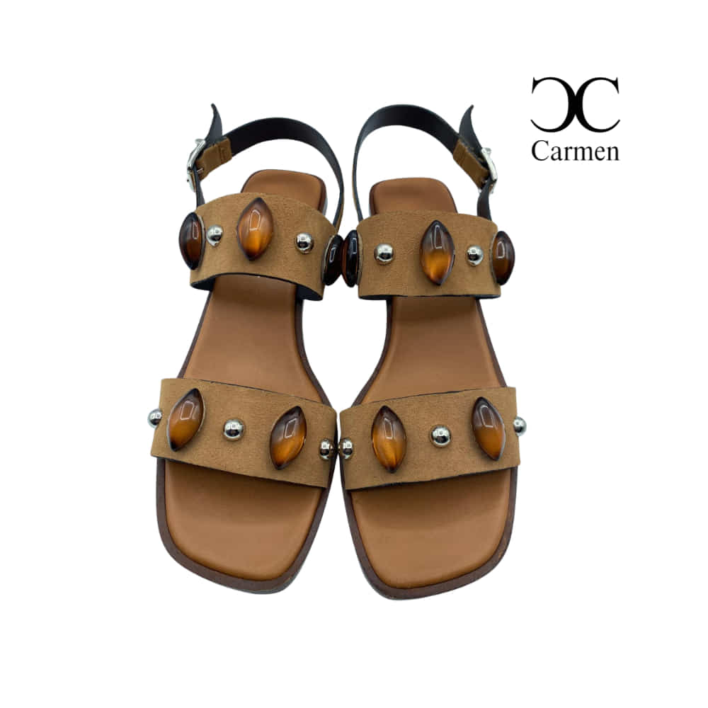 Sandalia Velour Cuero con detalles Ágata y Oro frente Sandalia Velour Cuero con detalles Ágata y Oro frente