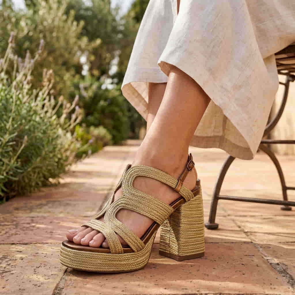Outfit con Sandalia de Rafia Oro