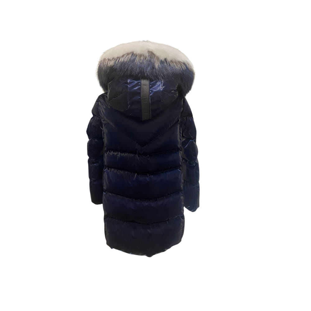 Abrigo modelo Alaska, tejido en brillo azul marino trasera Abrigo modelo Alaska, tejido en brillo azul marino trasera