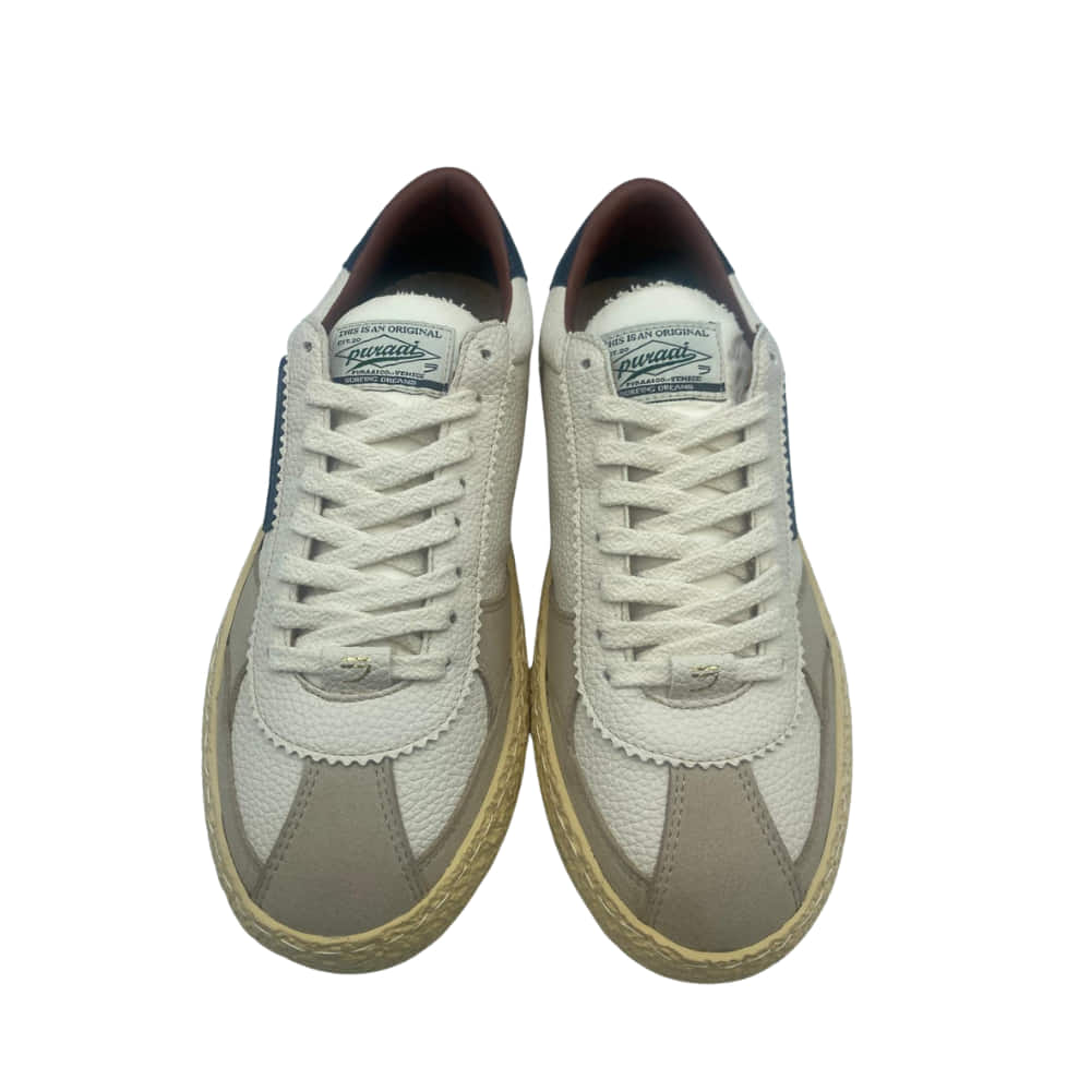 Deportivas Puraai Combi Blanca-Gris con franja Negra frente Deportivas Puraai Combi Blanca-Gris con franja Negra frente con cordones blancos