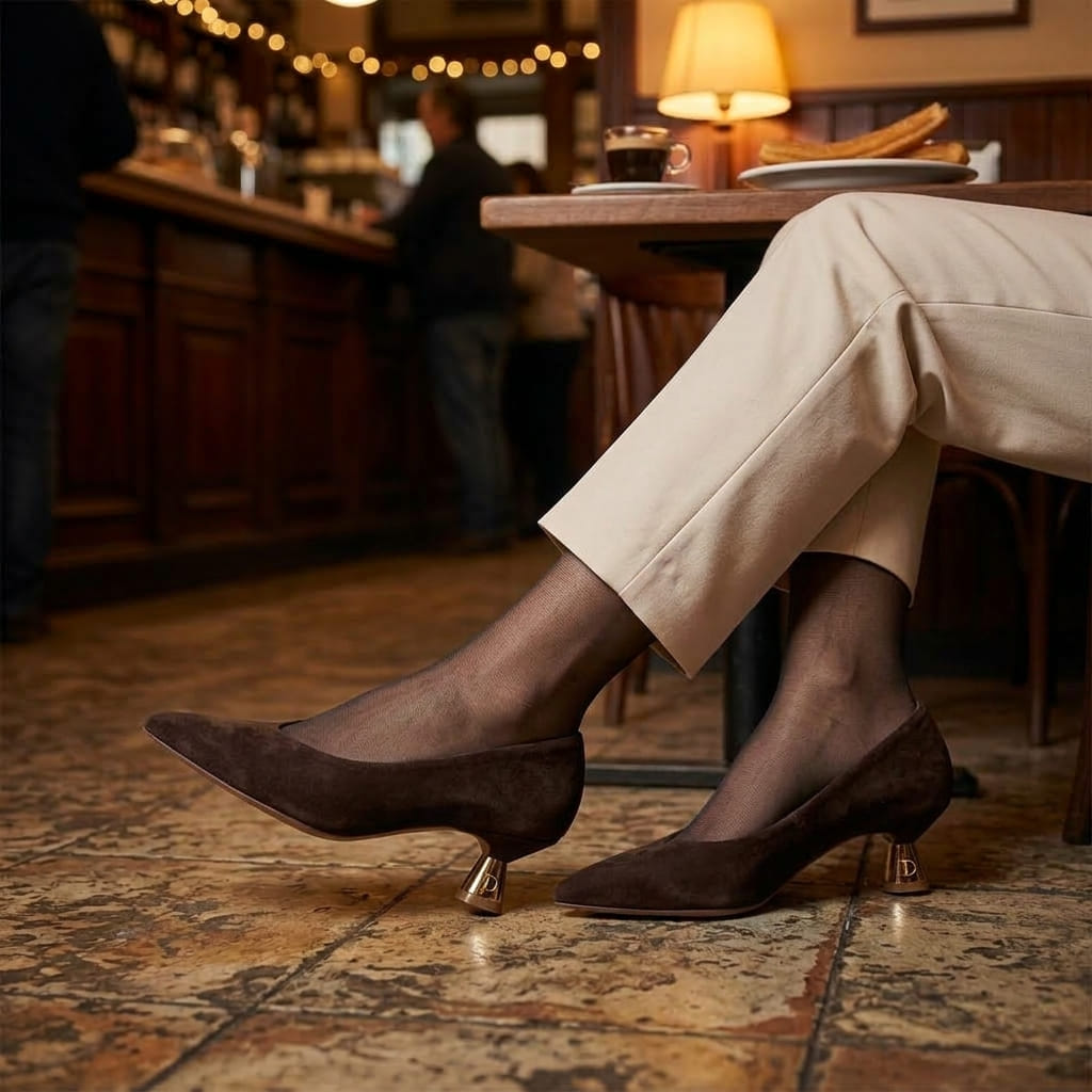 Zapato Salon Ante Marrón Alma elegante, de punta afilada y tacón bajo.