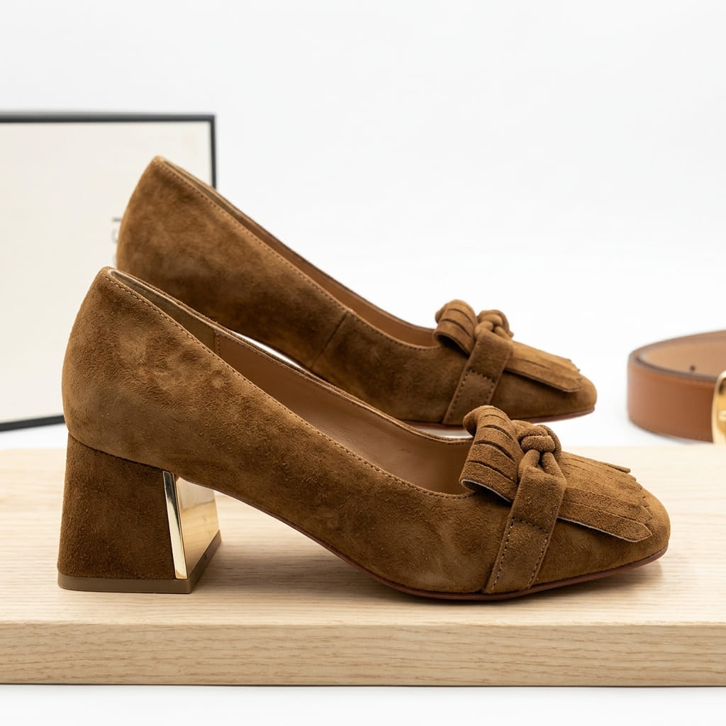 Zapato de ante cuero con Flecos Alma en Pena frente con tacón bloque mediano.