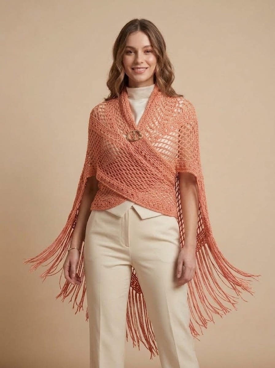 Outfit con chal de hilo de bambú Melocotón con flecos