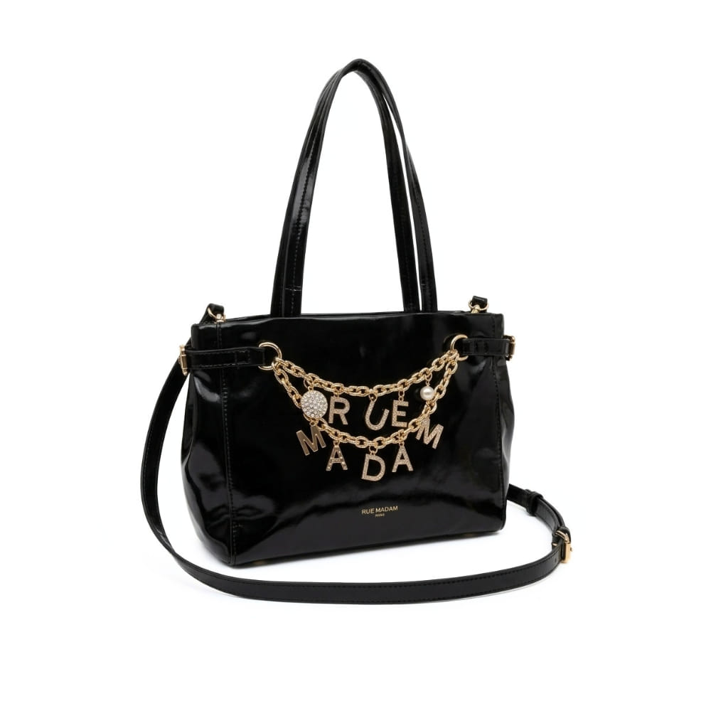 Bolsos Shopping de Hombro en Piel Brillo y Cadenas Rue Madam Negro Cabas con cremallera