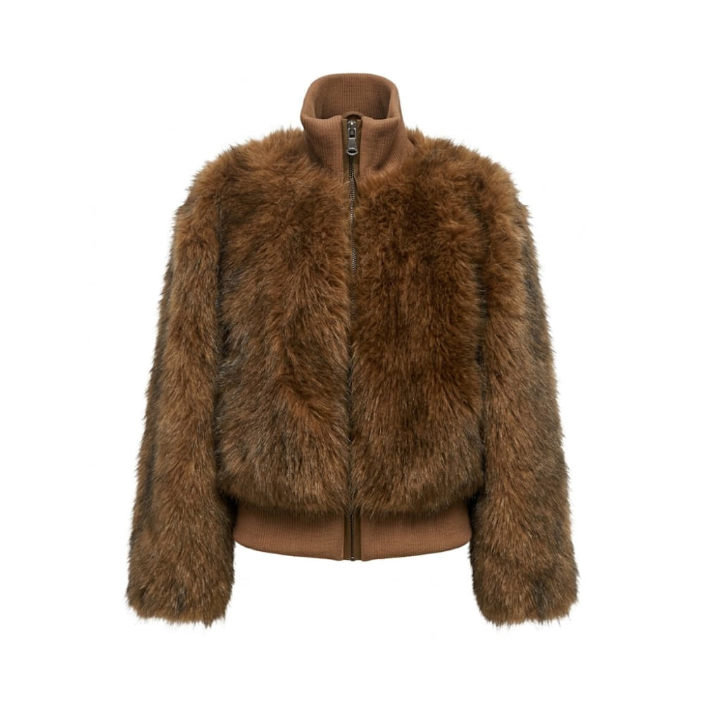 Bomber con Pelo Marrón de Cuello Alto para mujer con cremallera de Canadian