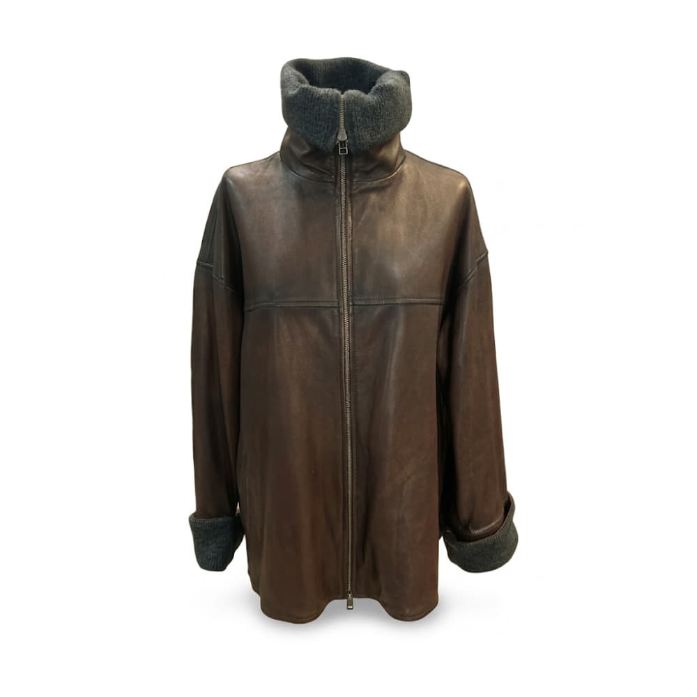 Chaqueta Piel Marrón con vuelo Ibañez con cuello y puños de punto