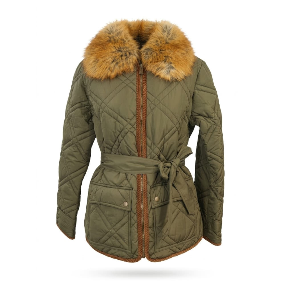 Chaqueta acolchada con cinturón extraíble Canadian verde con cuello de pelo para mujer